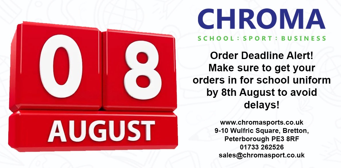 🚨 LAST CHANCE
Today is the final day to order school uniforms to guarantee delivery before term starts

⏳️Dont miss out - orders now chromasport.co.uk 

9-10 wulfric square
Bretton
Peterborough 
PE3 8RF

#BackToSchool #UniformDeadline