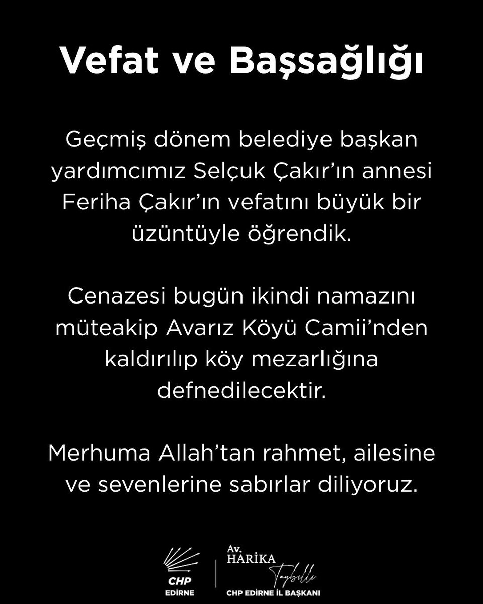 Vefat ve Başsağlığı

Geçmiş dönem belediye başkan yardımcımız Selçuk Çakır’ın annesi Feriha Çakır’ın vefatını büyük bir üzüntüyle öğrendik.

Cenazesi bugün ikindi namazını müteakip Avarız Köyü Camii’nden kaldırılıp köy mezarlığına defnedilecektir.

Merhuma Allah’tan rahmet,