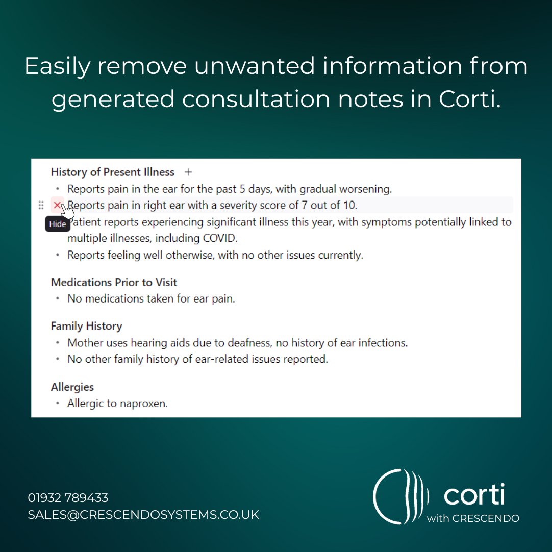Corti Assistant keeps adding clever new features to their Conversational AI Scribe - Key bullets of information which clinicians can pick, remove and move as they see fit.

Want to see more of Corti's features like clinical coding? Book a live demo - crescendosystems.co.uk/demo/