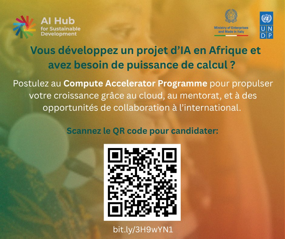 🚀 Chers #innovateurs 🇨🇬 : le #ComputeAcceleratorProgramme du AI Hub For Development est ouvert !
6 mois d’accompagnement, cloud + GPU, mentors &amp; partenariat G7 🌍
📅 Candidature avant 1/09/2025
🔗 Postulez  👉ask.aihubfordevelopment.org/compute-accele…
<a href="/PNUDRepduCongo/">PNUD Rép du Congo</a> #IntelligenceArtificielle