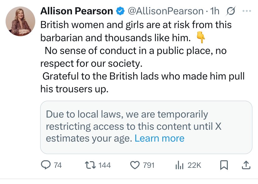 Benjamin Jones (@benbarryjones) on Twitter photo Whatever danger <a href="/AllisonPearson/">Allison Pearson</a> is trying to draw attention to I can’t see: her post is restricted under the Online Safety Act Whatever danger <a href="/AllisonPearson/">Allison Pearson</a> is trying to draw attention to I can’t see: her post is restricted under the Online Safety Act