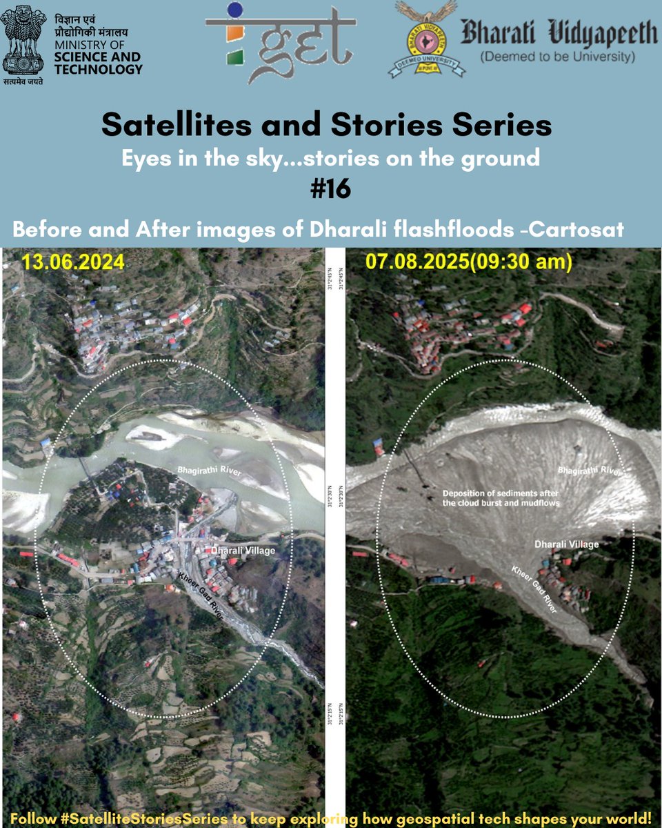 DST_IGET's tweet image. After the Dharali flash flood, ISRO used before-and-after satellite images to track changes on the ground.
Here’s the twist — they didn’t use a satellite that’s always above India. They used Cartosat. Tell us why! #cartosat
#dstiget #indiadst #bvieerpune #Dharali