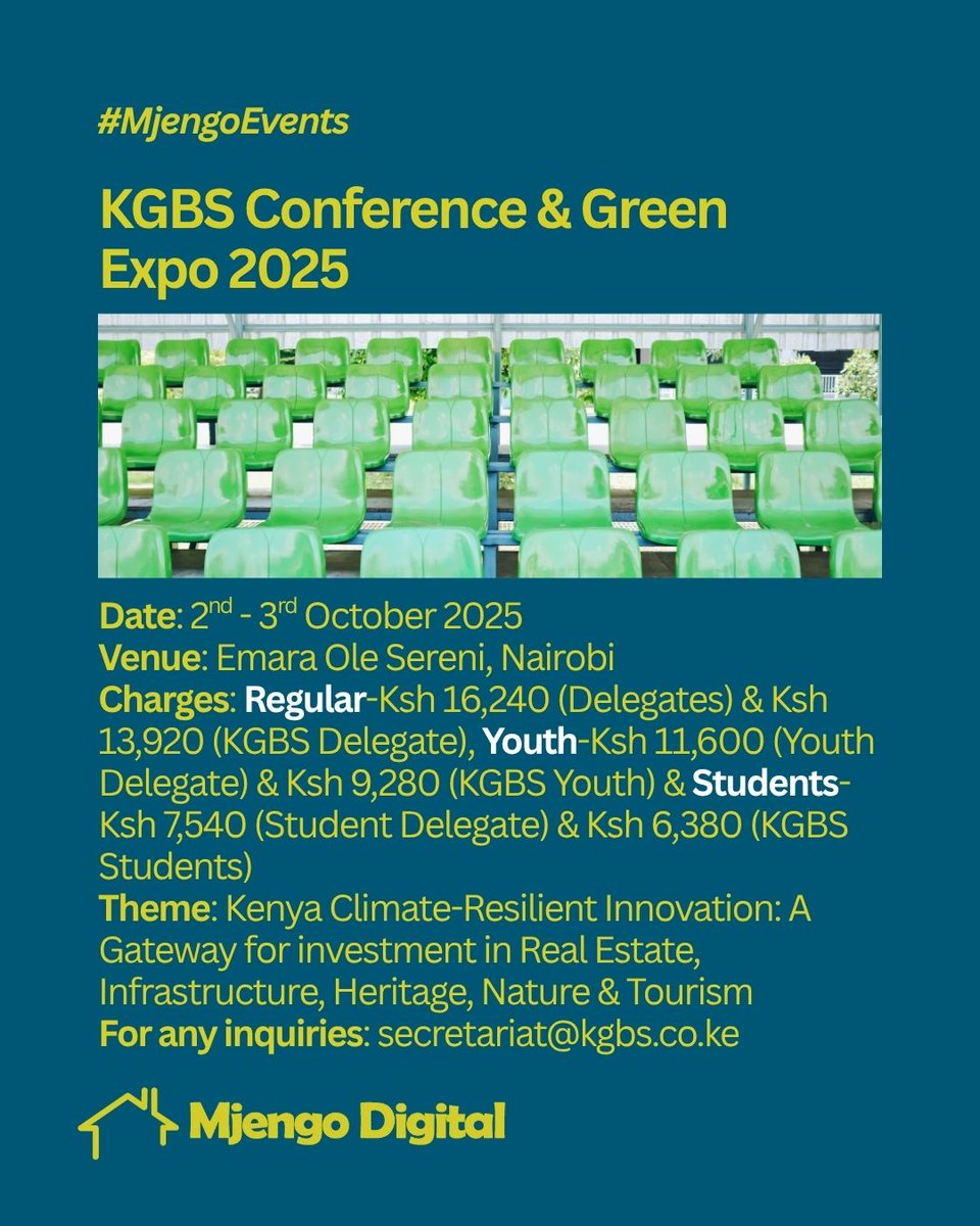 KGBS CONFERENCE &amp; GREEN EXPO 2025

Registration is now open for the KGBS Conference &amp; Green Expo 2025. The event will spotlight key themes including green finance, sustainable real estate, eco-tourism, and climate innovation.
Inquiries: secretariat@kgbs.co.ke