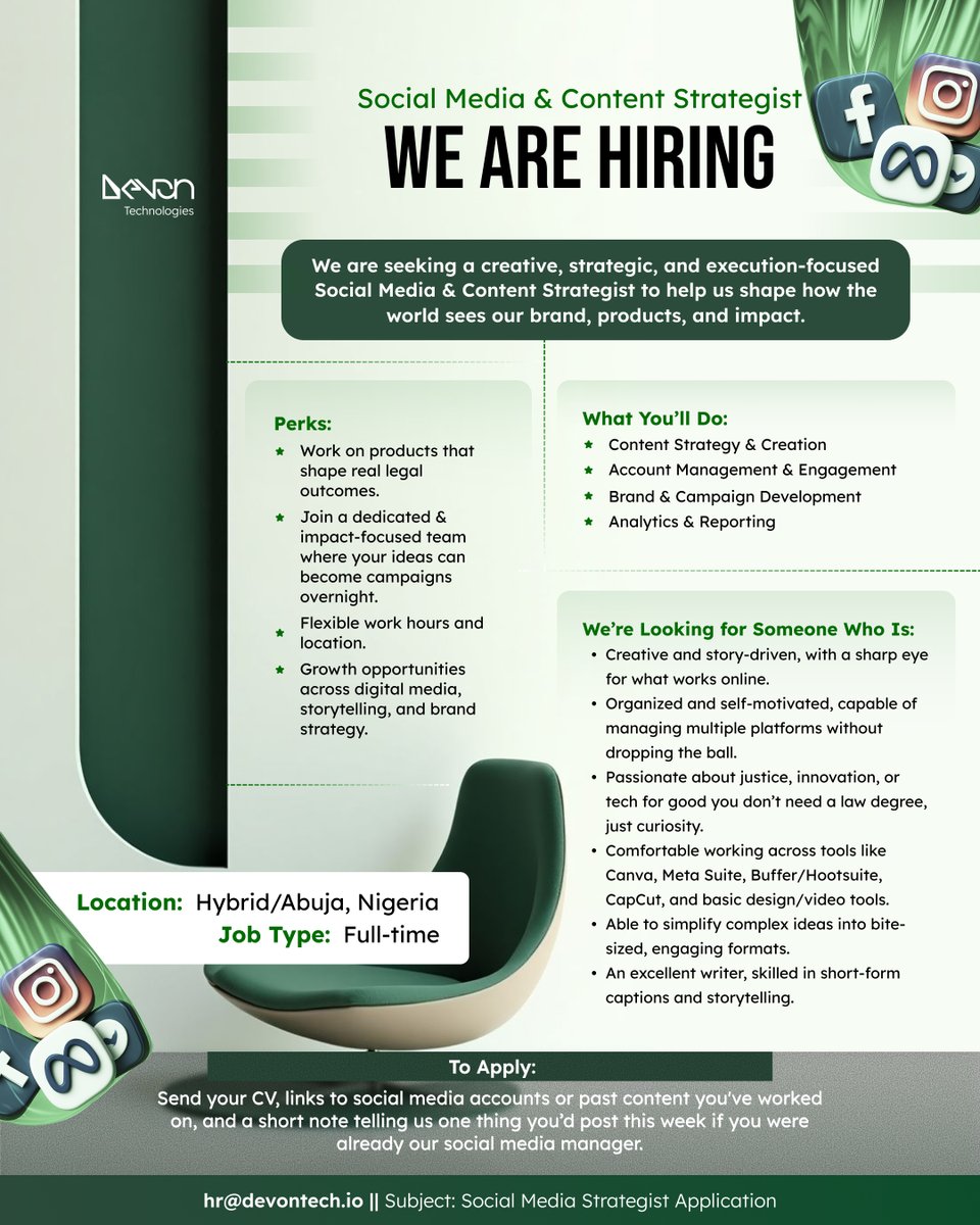 ireetoluwa's tweet image. If you&apos;re reading this and already rewriting it in your head, we want you.
We&apos;re hiring a Social Media &amp;amp; Content Strategist at Devon Technologies. Let’s shape the voice of legal tech across Africa.

📍 Hybrid/Abuja

Apply!

#LegalTech #Hiring #DevonTechnologies