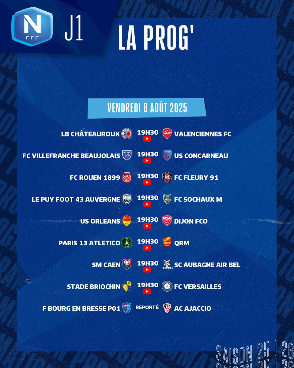 𝐉𝐎𝐔𝐑 𝐉 🔥

Début du championnat #NationalFFF saison 25-26 ce soir à 19h30 ! 🤩

Suivez tous les matchs en direct et gratuitement sur la chaîne YouTube du National 📺