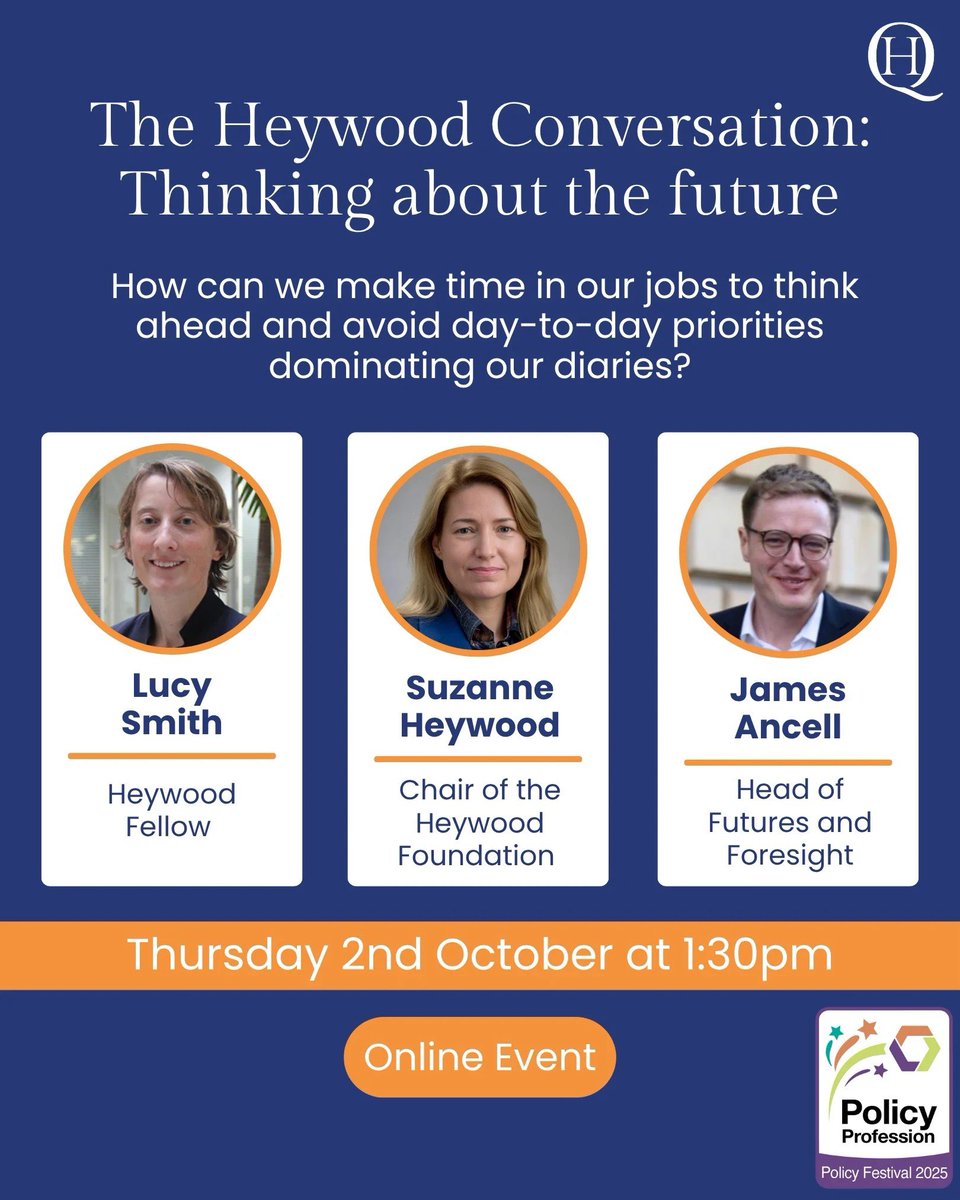 Heywood Quarterly (@heyquarterly) on Twitter photo We are thrilled to announce that <a href="/SuzanneHeywood/">Suzanne Heywood CBE</a> will be chairing an online panel at this year's Policy Festival!
⏰ Thursday 2nd October 2025, 13:30 - 14:30
🗒️ The Heywood conversation: Thinking about the future
🔗 Register here: …y-profession-festival-25.orcula.co.uk/register We are thrilled to announce that <a href="/SuzanneHeywood/">Suzanne Heywood CBE</a> will be chairing an online panel at this year's Policy Festival!
⏰ Thursday 2nd October 2025, 13:30 - 14:30
🗒️ The Heywood conversation: Thinking about the future
🔗 Register here: …y-profession-festival-25.orcula.co.uk/register