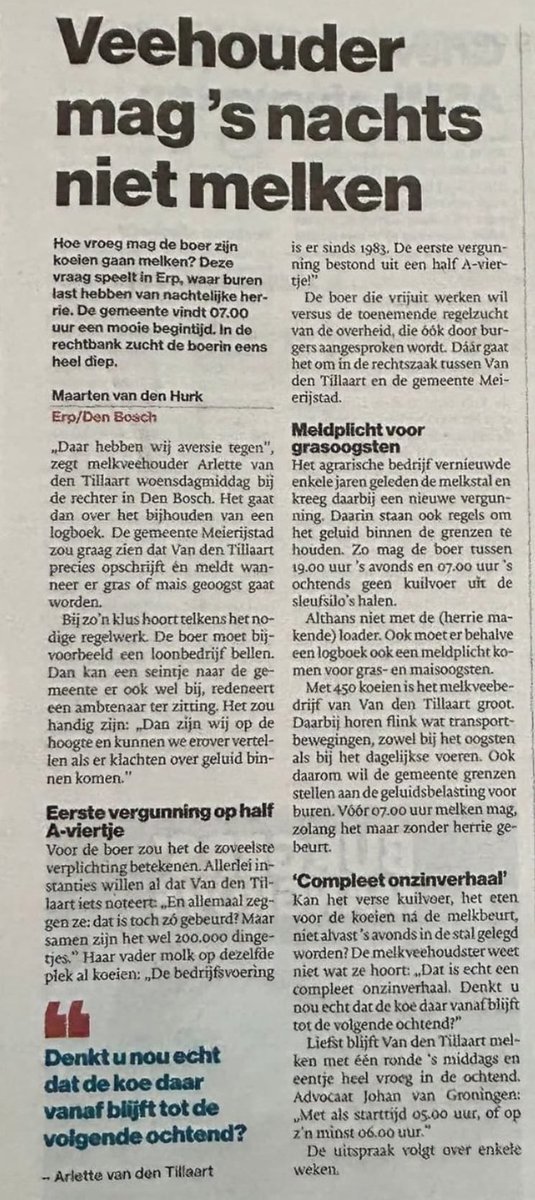 Ongelooflijk wat plattelandsgemeente Meierijstad hier vraagt van een boer. Melden als je op je eigen land aan het werk gaat, koeien niet vroeg melken. En vragen of je ontbijt voor de koeien ‘s avonds al kan klaarleggen. Wat is het volgende? Niet meer melken op zondag?