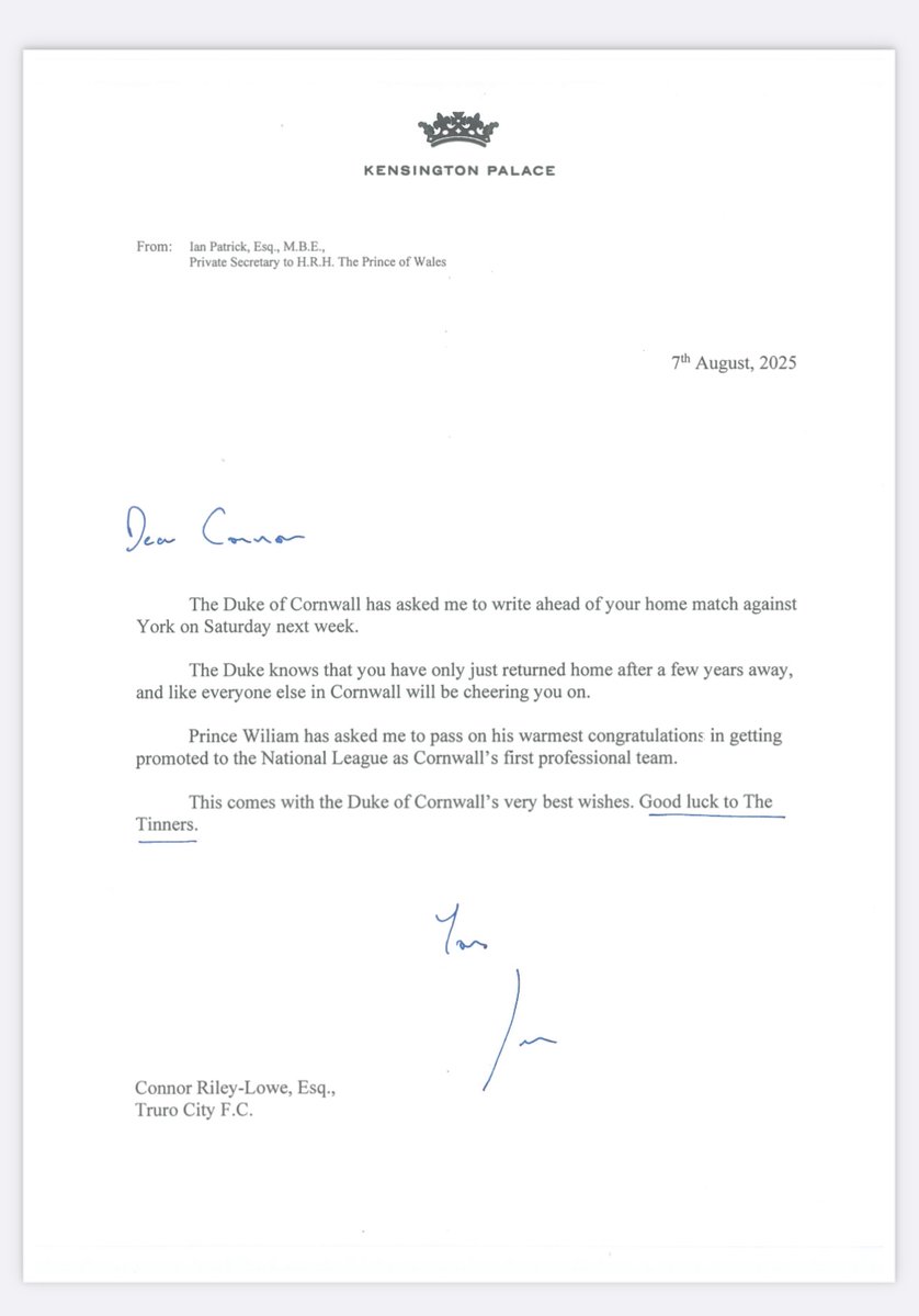 Truro City FC (@tcfc_official) on Twitter photo βοΈ City skipper Connor Riley-Lowe has received a special good luck message on behalf of <a href="/KensingtonRoyal/">The Prince and Princess of Wales</a> the Prince of Wales.
π€ On behalf of Connor and the club, we thank His Royal Highness for his heartfelt message.
β€οΈπ€ #WeAreTheCity βοΈ City skipper Connor Riley-Lowe has received a special good luck message on behalf of <a href="/KensingtonRoyal/">The Prince and Princess of Wales</a> the Prince of Wales.
π€ On behalf of Connor and the club, we thank His Royal Highness for his heartfelt message.
β€οΈπ€ #WeAreTheCity