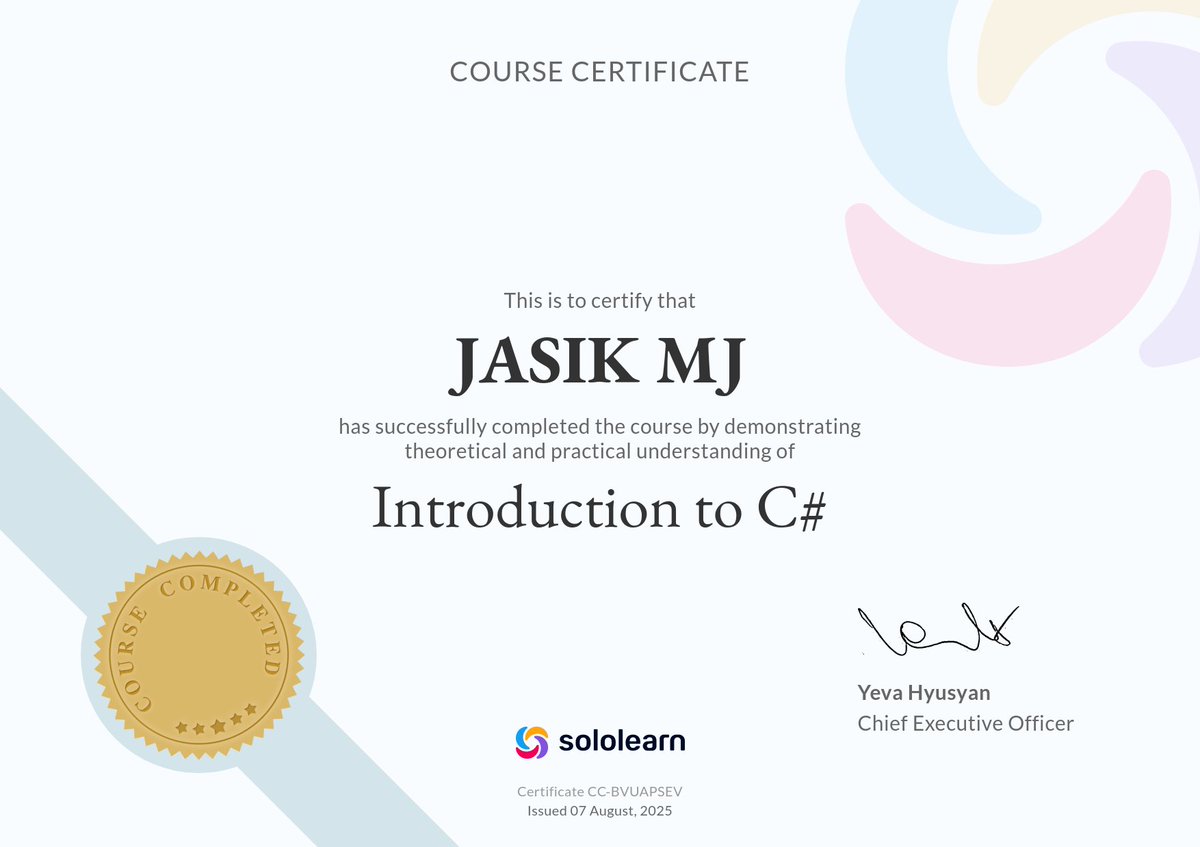 Va_lcire's tweet image. Day 17 Game Dev

Wanted to understand coding better, so I started learning C#.  
Completed the Intro to C# course on SoloLearn ✅  
Planning to continue with intermediate next!

Here’s my certificate:  
sololearn.com/certificates/C…

#GameDev #IndieDev #LearnCSharp #DevLog