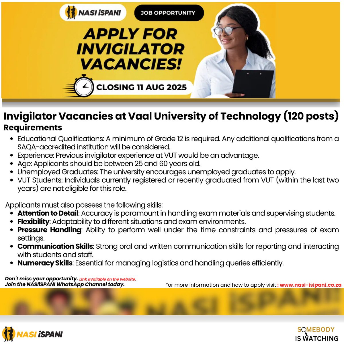 siwnews's tweet image. Invigilator vacancies open at Vaal University of Technology! 120 positions available. Grade 12 minimum, unemployed grads encouraged to apply. Closing 11 Aug 2025. Details &amp;amp; application 👉 nasi-isipani.co.za
#JobOpportunity #VUT #Invigilator #GautengJobs
@NasiiSpani…