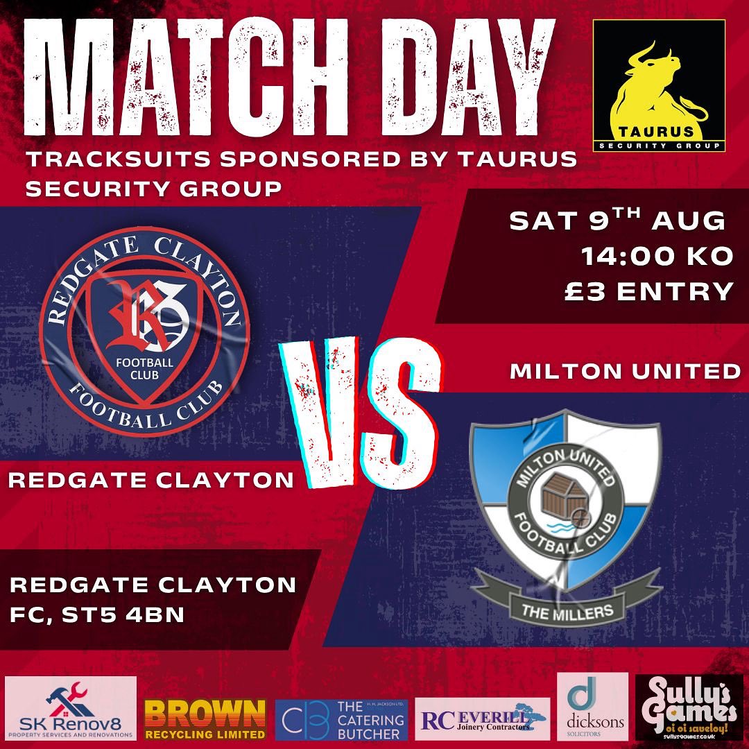 Can we make it 4 out of 4?

⚽️ Redgate Clayton vs Milton United
📅 Saturday 9th August
🍔 Cafe &amp; Bar
🕐 14:00 KO
📍 Redgate Clayton, Northwood Lane, ST5 4BN
🎟️ £3 Entry