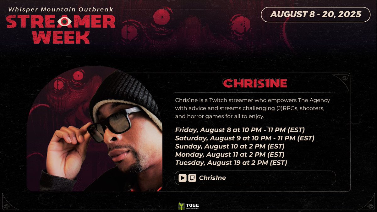 Toge Productions ๐ฑ (@togeproductions) on Twitter photo Brace yourselves. <a href="/TheRealChris1ne/">Agent C1 ๐ Partnered</a> go live in about 2 hours with <a href="/WMOgame/">Whisper Mountain Outbreak ๐ EA 11-AUG</a> ๐ป
Join the stream here ๐
โถ๏ธtwitch.tv/chris1ne
โถ๏ธyoutube.com/@Chris1ne Brace yourselves. <a href="/TheRealChris1ne/">Agent C1 ๐ Partnered</a> go live in about 2 hours with <a href="/WMOgame/">Whisper Mountain Outbreak ๐ EA 11-AUG</a> ๐ป
Join the stream here ๐
โถ๏ธtwitch.tv/chris1ne
โถ๏ธyoutube.com/@Chris1ne