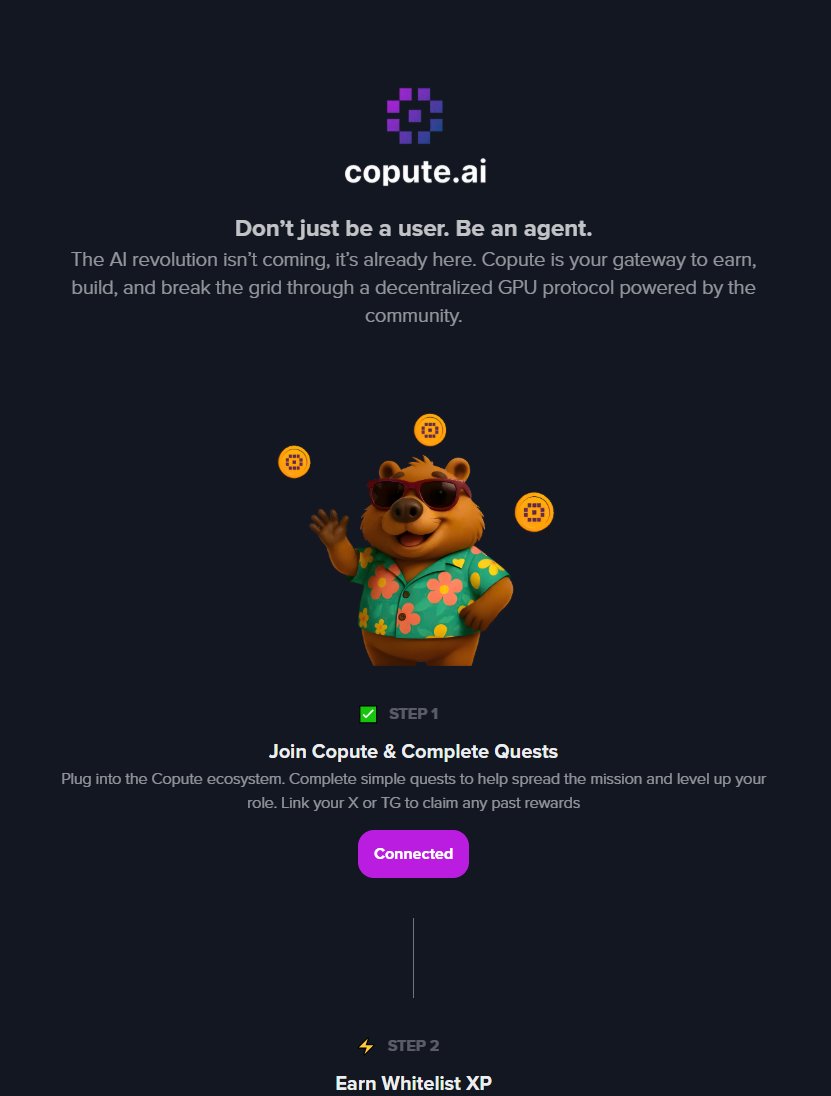 yukichan0x00's tweet image. 🪂 @CoputeAi  Airdrop

🔗 quest.copute.ai/?referral_code…

✅ Connect your EVM wallet
✅ Link your X and Telegram accounts
✅ Complete all required tasks
📌 Don’t miss out — start earning now!
 #CommunityCompute #Airdrop #Web3 #Crypto