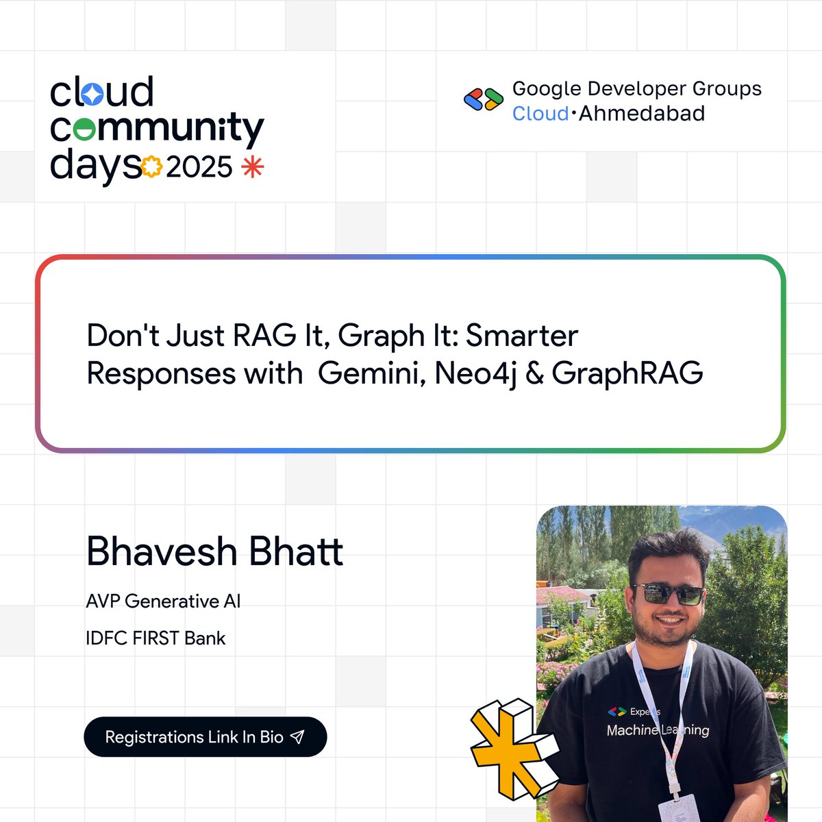 GDG Cloud Ahmedabad (@gdgcloudahm) on Twitter photo Excited to have <a href="/_bhaveshbhatt/">Bhavesh Bhatt</a> , session on Donβt Just RAG It, Graph It:Smarter Responses with Gemini,Neo4j & GraphRAG.
Dive into how graph tech + generative AI are transforming smarter, context-aware responses!
#GccdAhm25 #GCCDIndia2025 #GoogleCloud #GDGCloudAhmedabad Excited to have <a href="/_bhaveshbhatt/">Bhavesh Bhatt</a> , session on Donβt Just RAG It, Graph It:Smarter Responses with Gemini,Neo4j & GraphRAG.
Dive into how graph tech + generative AI are transforming smarter, context-aware responses!
#GccdAhm25 #GCCDIndia2025 #GoogleCloud #GDGCloudAhmedabad