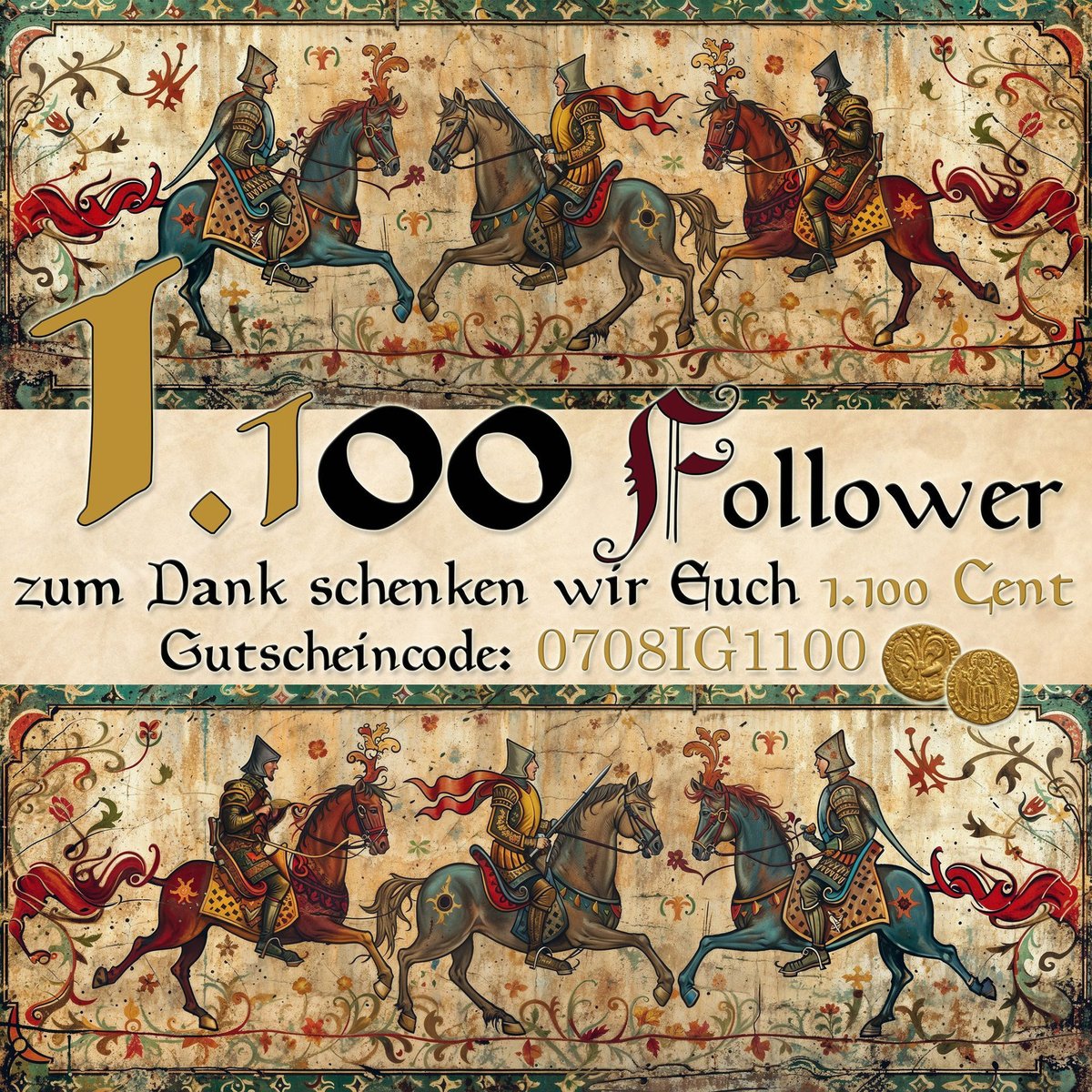 🎉 1.100 Follower – Danke, Fellowship! 🎉
💰 11,- € Rabatt mit Code 0708IG1100
🛒 Einmal pro Kunde, gültig bis 31.8.
📚 Nicht für Bücher/Filme
Jetzt shoppen: mittelalter.com
#1100Follower #Rabatt #MittelalterCom #Fellowship #Danke