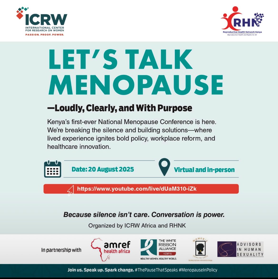 Reproductive Health Network Kenya (@rhnkorg) on Twitter photo Kenya will host its first-ever National Menopause Conference on 20 August 2025, organized by <a href="/ICRWAfrica/">ICRW Africa</a> and <a href="/rhnkorg/">Reproductive Health Network Kenya</a>. This convening will break the silence around #menopause that affects half the population yet remains one of the most overlooked aspects of women’s health.
The Kenya will host its first-ever National Menopause Conference on 20 August 2025, organized by <a href="/ICRWAfrica/">ICRW Africa</a> and <a href="/rhnkorg/">Reproductive Health Network Kenya</a>. This convening will break the silence around #menopause that affects half the population yet remains one of the most overlooked aspects of women’s health.
The
