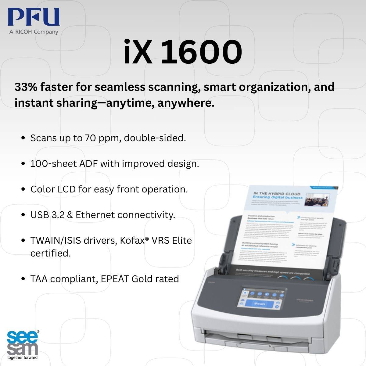 SeeSamSolution's tweet image. Smart Scanning at Your Fingertips
The ScanSnap iX1600 offers touch-screen simplicity, cloud integration, and lightning-fast scanning, ideal for home offices and professionals on the go.
#SeeSaamSolutions #PFU #Scanners #PFUiX1600