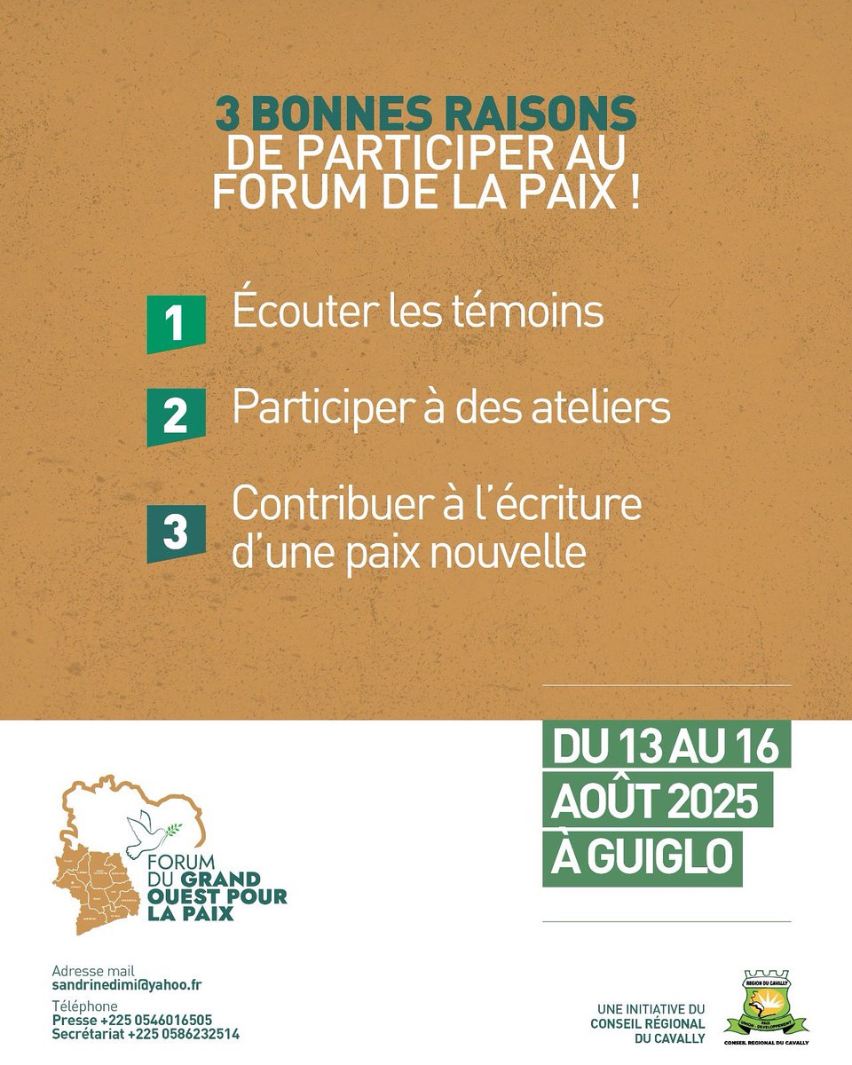 Écouter. Participer. Construire.
Trois bonnes raisons de ne pas manquer le Forum du Grand Ouest pour la Paix, du 13 au 16 août 2025 à Guiglo.

🕊️ Témoignages, ateliers et dialogues pour bâtir ensemble une paix durable.
Et vous, quelle sera votre voix ?

#ForumPaixOuest #Cavally