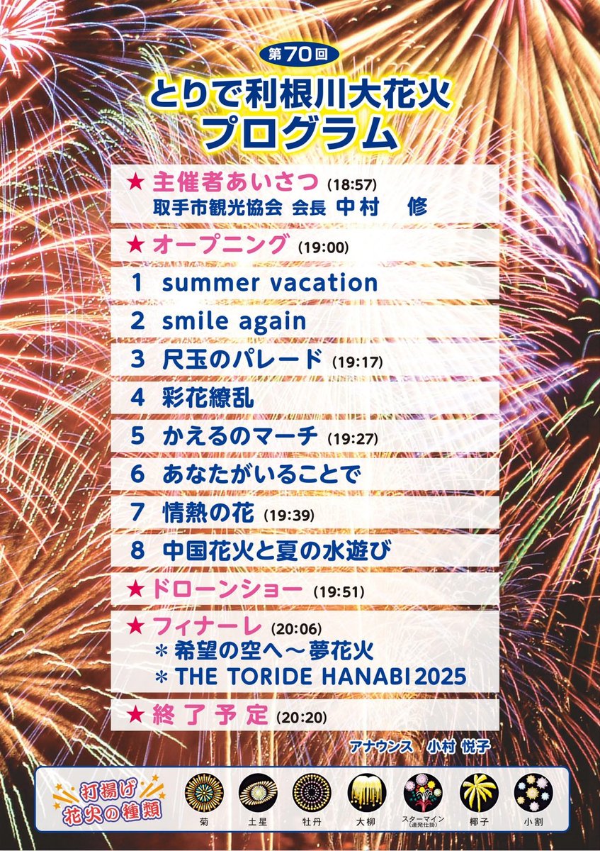 明日のとりで利根川大花火、プログラムが出ました！
今年も担当煙火店の予想をしたいと思います！