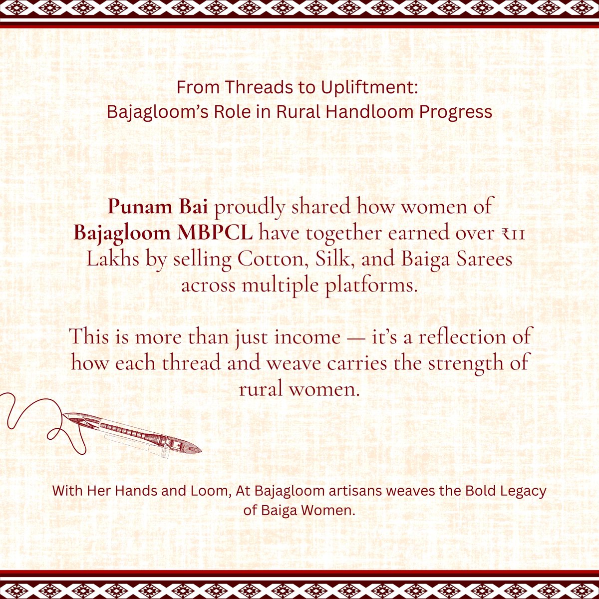On Handloom Day, Hon’ble Minister Shivraj Singh Chouhan met Punam Bai from Bajagloom, Dindori. She shared how women earned over ₹11 lakhs by selling Cotton, Silk, and Baiga sarees across platforms.
#fdrvc #HandloomDay #VocalForLocal