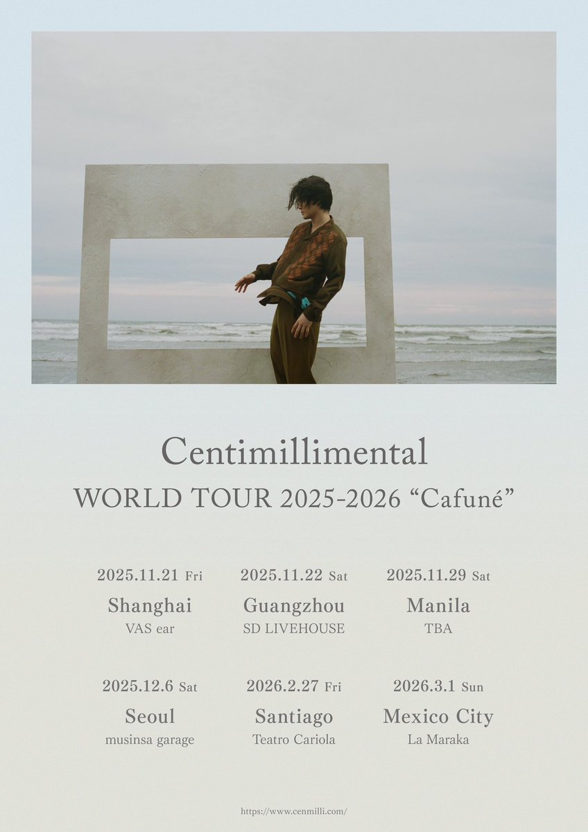 CENTIMILLIMENTAL 
WORLD TOUR 2025-2026 "Cafuné" 
2025.11.29 Manila, Philippines 🇵🇭

Stay tuned for more details. 

#Centimillimental 
#センチミリメンタル 
#カフネ #Cafune