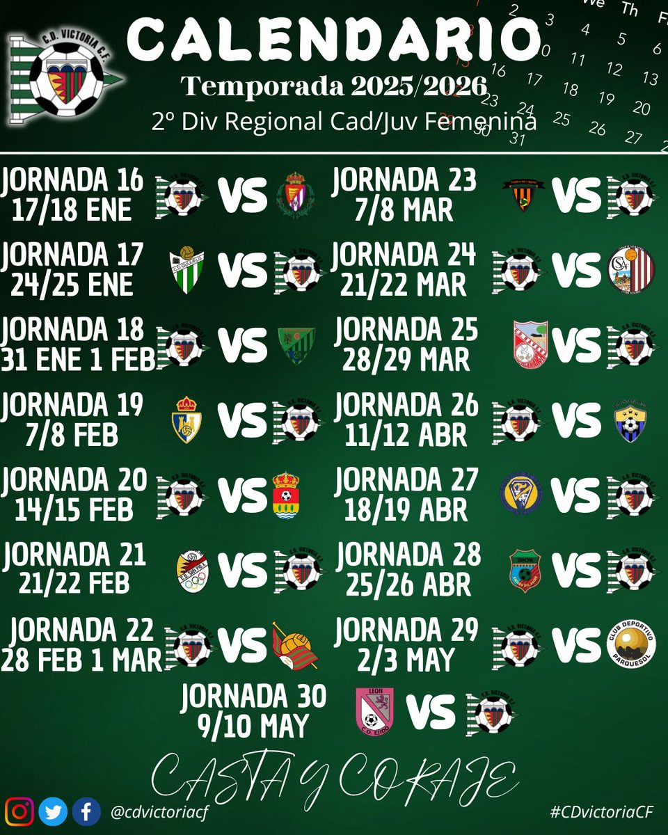 📆 CALENDARIO CAD/JUV FEMENINO

Ya conocemos el calendario de nuestro Cad/Juv Femenino en la 2º División Regional Cad/Juv Femenina para la Temporada 25/26.

✈️Comenzaremos la temporada visitando al Real Valladolid Femenino en los 🏟️Anexos E.M. José Zorrilla

🏠El primer partido
