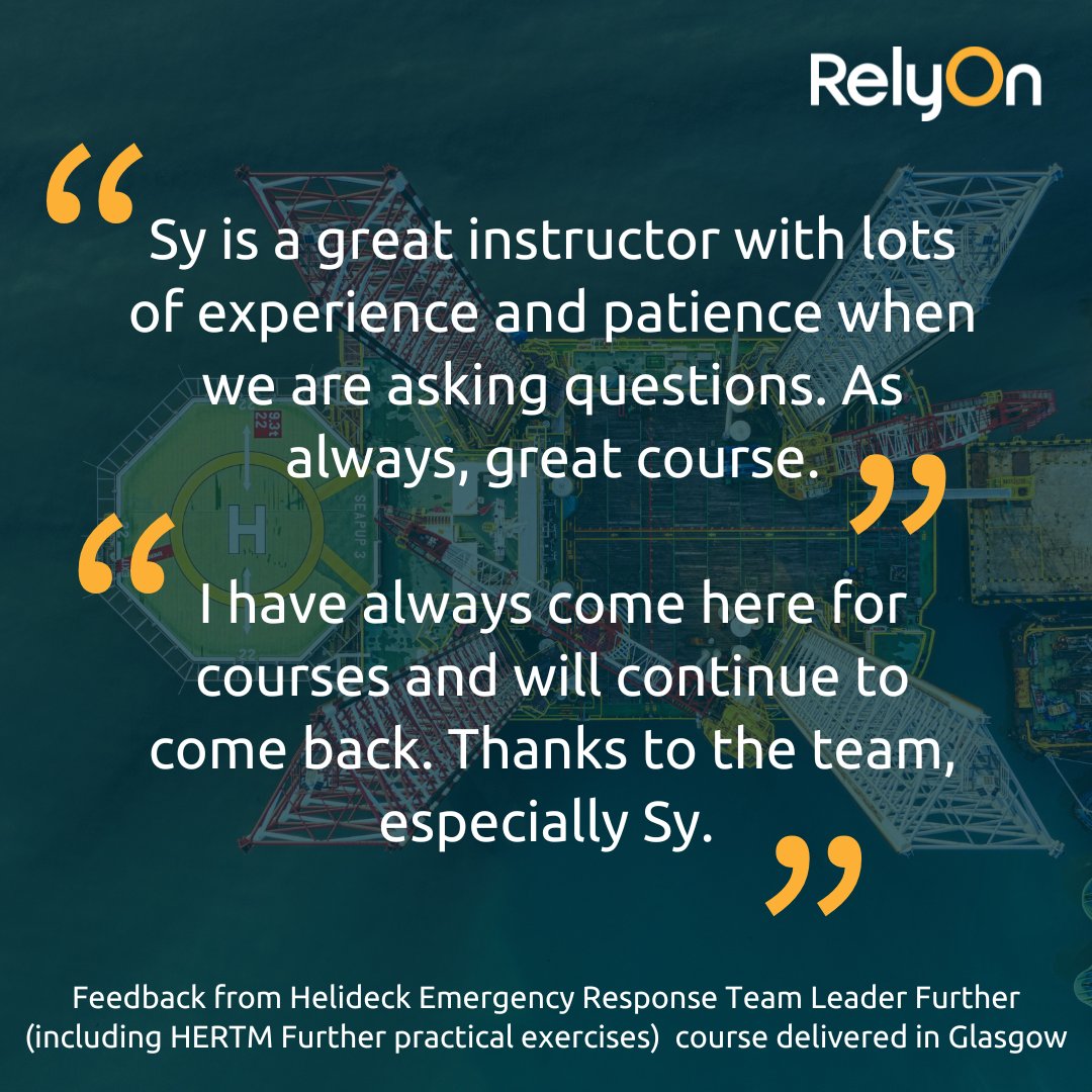 Check out this fantastic feedback for trainer Sy, from a recent Helideck Emergency Response Team Leader Further course delivered in Glasgow!

Learn more about our Helideck Emergency Response training;
 📞 01224 225100
 📧 bookings.uk@relyon.com
 🌐 hubs.li/Q03Bybmx0?