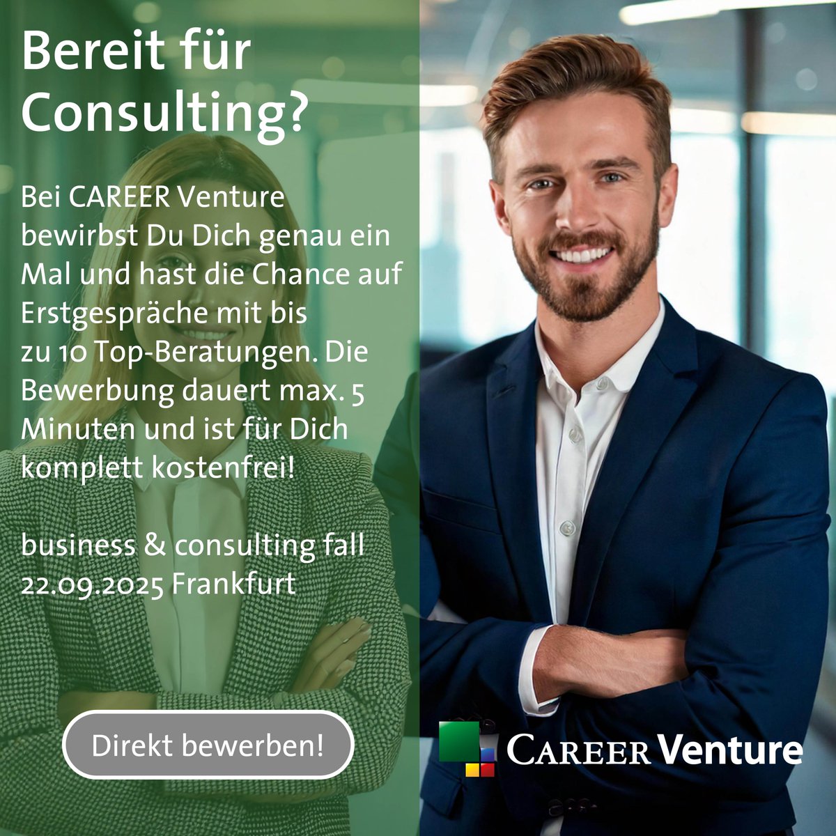 Führe  persönliche Vorstellungsgespräche mit Beratungen auf der CAREER Venture business &amp; consulting fall. Kostenlose Teilnahme, Tagesverpflegung und Übernahme der Reise- und Übernachtungskosten. Jetzt bewerben: career-venture.de/termine/busine… #beratung #consulting #karrierestart #jobs
