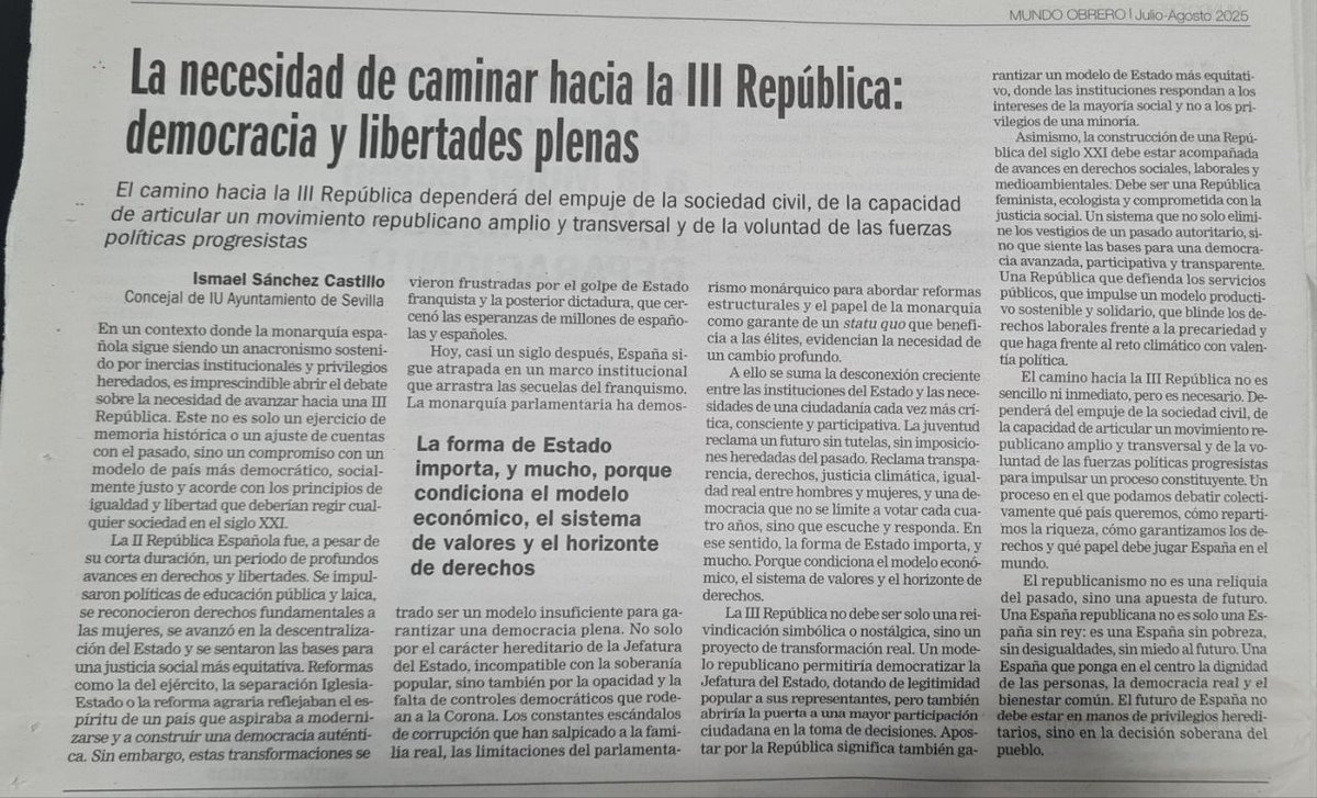 IU Sevilla ciudad🔻 (@iusevillaciudad) on Twitter photo 📢 Nuestro compañero Ismael Sánchez, concejal de <a href="/iuandalucia/">IU Andalucía🔻</a> en Sevilla, publica en Mundo Obrero un artículo donde defiende la necesidad de avanzar hacia la III República: más democracia, más igualdad, más derechos.❤️💛💜
✊ ¡República para vivir mejor! 📢 Nuestro compañero Ismael Sánchez, concejal de <a href="/iuandalucia/">IU Andalucía🔻</a> en Sevilla, publica en Mundo Obrero un artículo donde defiende la necesidad de avanzar hacia la III República: más democracia, más igualdad, más derechos.❤️💛💜
✊ ¡República para vivir mejor!