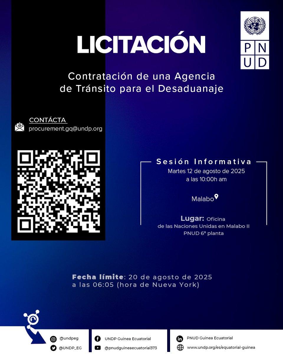 🚨Tu oportunidad

La oficina del 🇺🇳PNUD en Guinea Ecuatorial🇬🇶 lanza una licitación para contratación de una agencia🏬de tránsito para desaduanaje.

Aplica 👉🏾 bit.ly/47mbJCi

Sesión informativa martes 1️⃣2️⃣/ a las 1️⃣0️⃣:0️⃣0️⃣am, en la oficina de la ONU en Malabo II