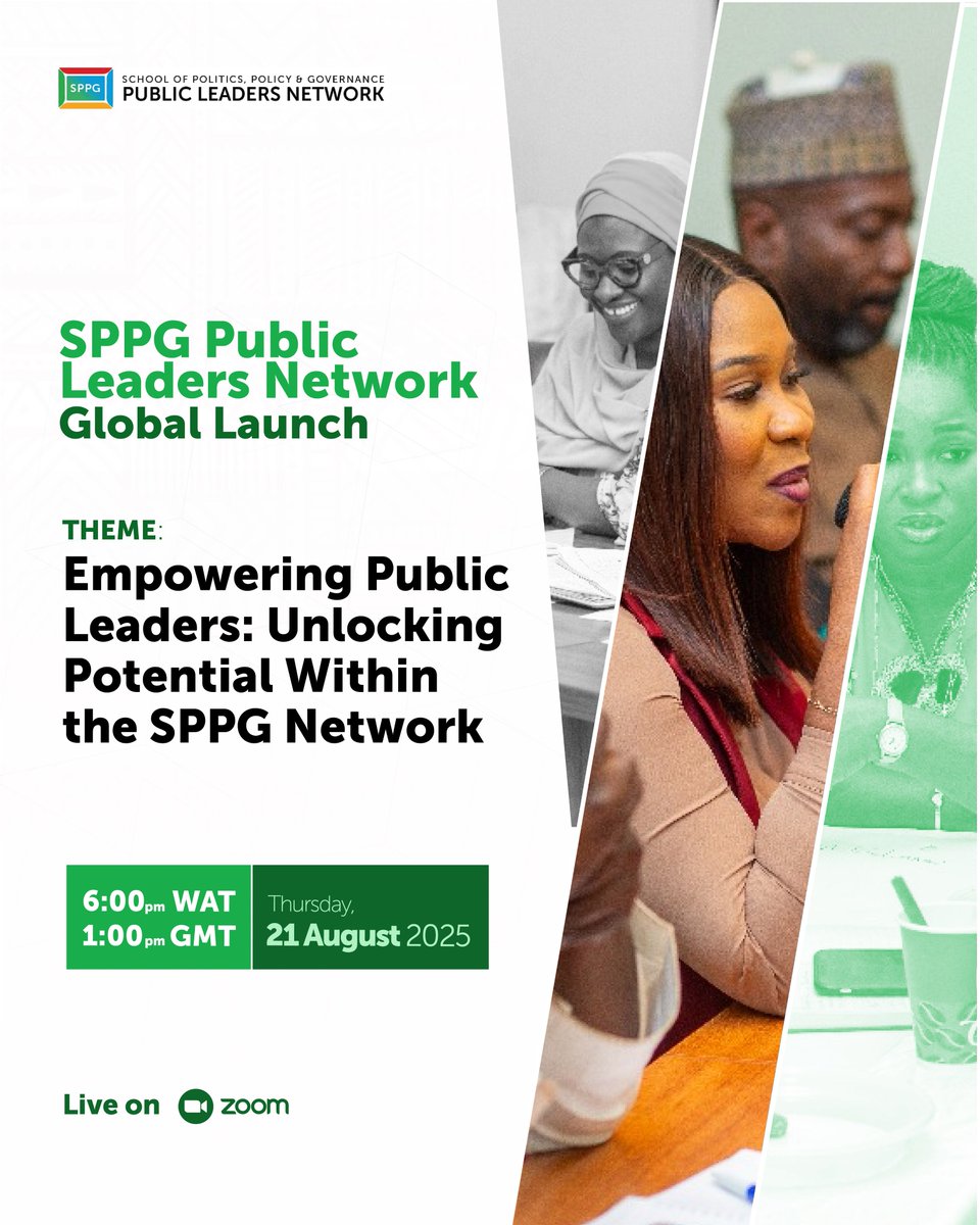 We are proud to announce the Global Launch of the SPPG Public Leaders Network (SPLN).

Date: August 21, 2025
Time: 6 PM WAT 
Location: Zoom
Theme: Empowering Public Leaders: Unlocking Potential Within the SPPG Network

Learn more: pln.thesppg.org
#SPLN #SPPG #Leadership