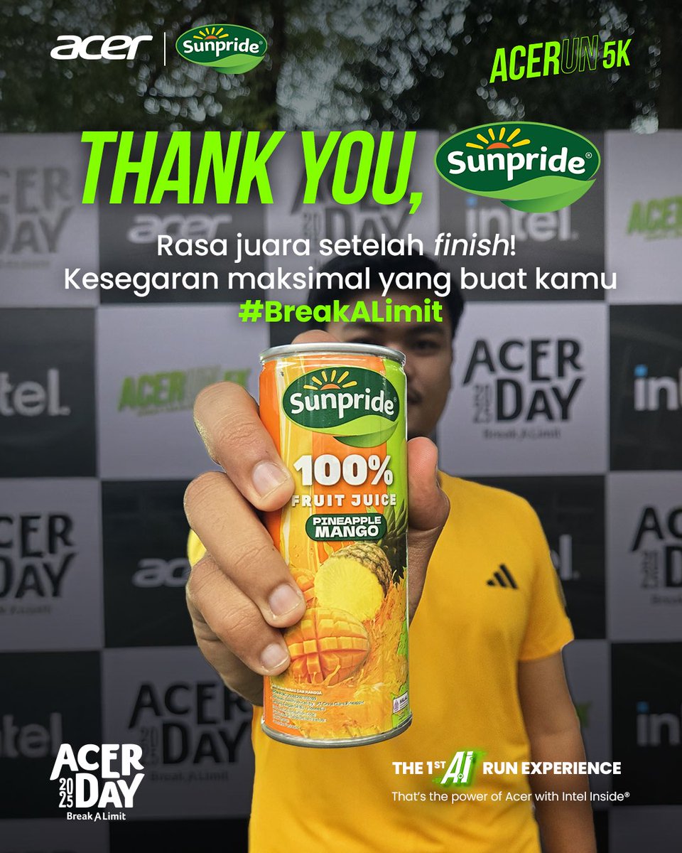 acerID's tweet image. Thank you @sunprideid yang uda support event #ACERUN dan bikin makin seger setelah finish! ✨

Definisi kesegaran maksimal yang buat kamu #BreakALimit ! Nikmati kesegaran 100% jus buah asli langsung dari Sunpride Juice Bar yang hadir di RPC kamu. Sunpride hadir lebih