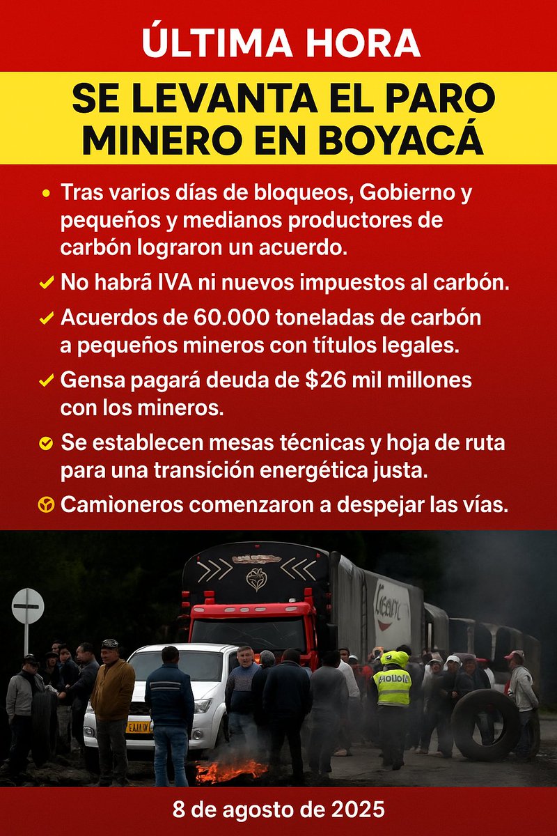 🚨 #ÚltimaHora | Finaliza el paro minero en Boyacá tras acuerdo entre Gobierno y pequeños y medianos productores de carbón.
✅ No habrá nuevos impuestos al carbón.
✅ Gensa pagará deuda de $26 mil millones.
✅ Compra de 60 mil toneladas a pequeños mineros.
🚛 Se despejan las vías