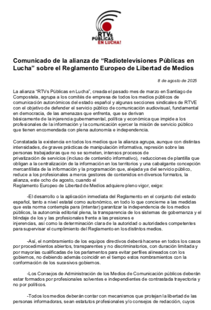 plantillaCMM's tweet photo. El Comité de Empresa de CMM se une al comunicado de @rtvpublicalucha para la implementación rigurosa del "Reglamento Europeo de Libertad de Medios" en defensa de radios y televisiones públicas libres de injerecias 👇👇👇👇 https://t.co/0SzykydFIQ