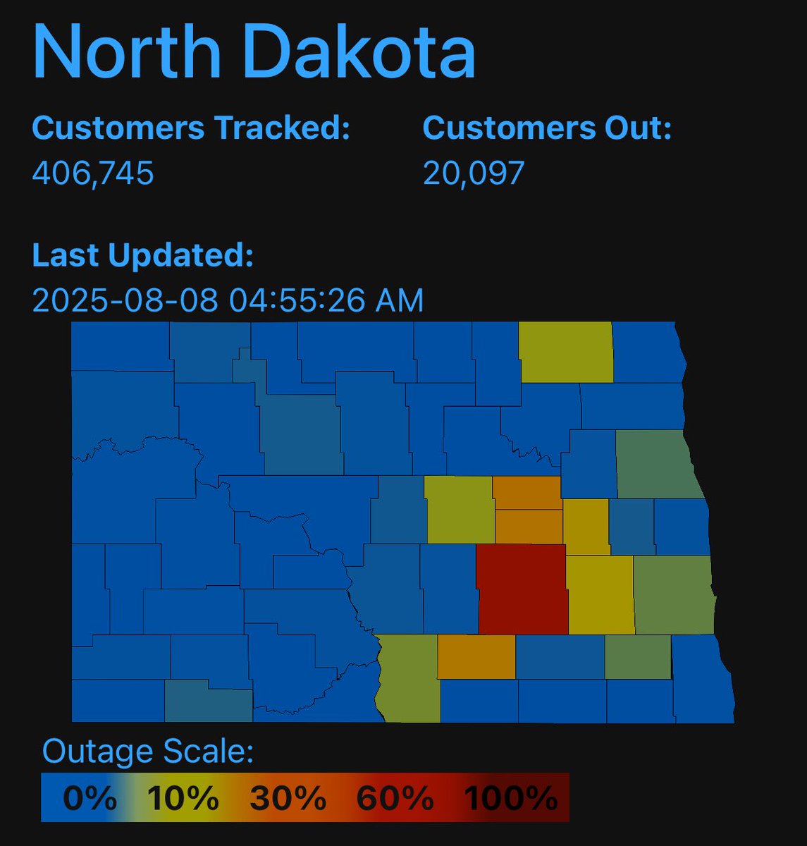The story of the summer continued again tonight. An overnight line of storms, sig severe gusts, and for some North Dakotans, they yet again woke up to no power. Busy summer for linemen. #NDwx