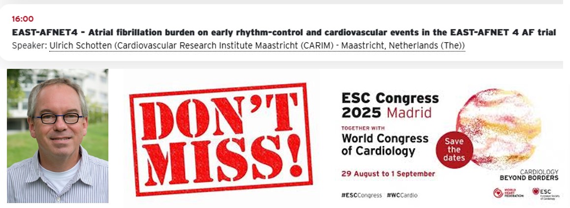 AFNET (@afnet_ev) on Twitter photo Dont´miss tomorrow at #ESCCongress in #Madrid!
Looking forward to hearing #AFNET board member Prof. Ulrich Schotten speak about #afib burden in the EAST-AFNET 4 AF trial.
📅 Monday, September 1
🕗 4:00 pm; Place Paris (Hall 4)
#AFNET #cardiology #EASTtrial <a href="/UliSchotten/">Uli Schotten</a> <a href="/UCCS_HH/">University Center of Cardiovascular Science (UCCS)</a> Dont´miss tomorrow at #ESCCongress in #Madrid!
Looking forward to hearing #AFNET board member Prof. Ulrich Schotten speak about #afib burden in the EAST-AFNET 4 AF trial.
📅 Monday, September 1
🕗 4:00 pm; Place Paris (Hall 4)
#AFNET #cardiology #EASTtrial <a href="/UliSchotten/">Uli Schotten</a> <a href="/UCCS_HH/">University Center of Cardiovascular Science (UCCS)</a>