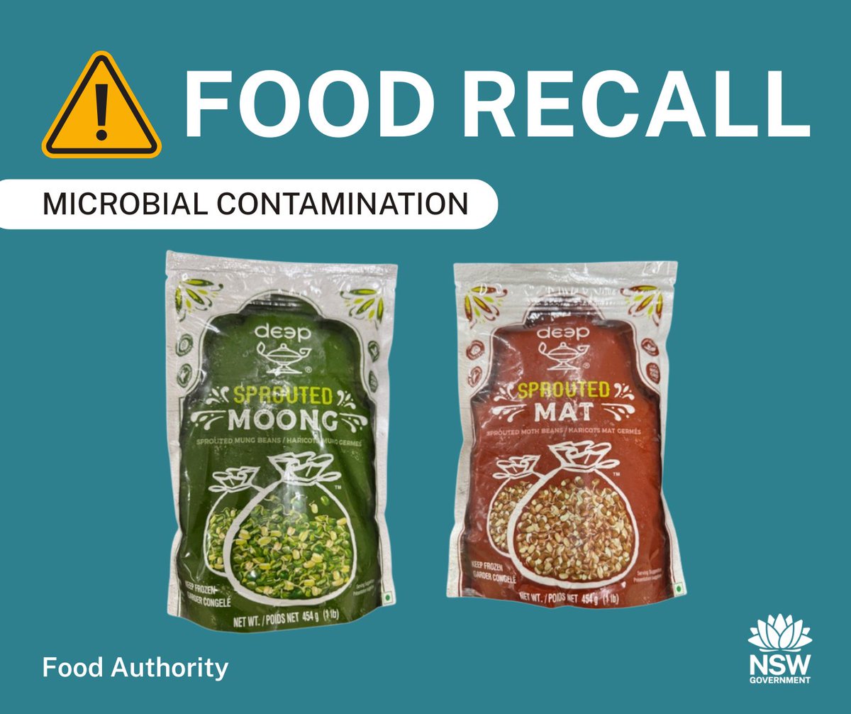 #Recall: South Pacific Foods is recalling deep SPROUTED MOONG 454g (Best before:17/04/26) &amp; deep SPROUTED MAT 454g (Best before:18/04/26) due to potential microbial (Salmonella) contamination. Sold in Indian grocery stores in NSW See: foodauthority.nsw.gov.au/news/recalls/d…