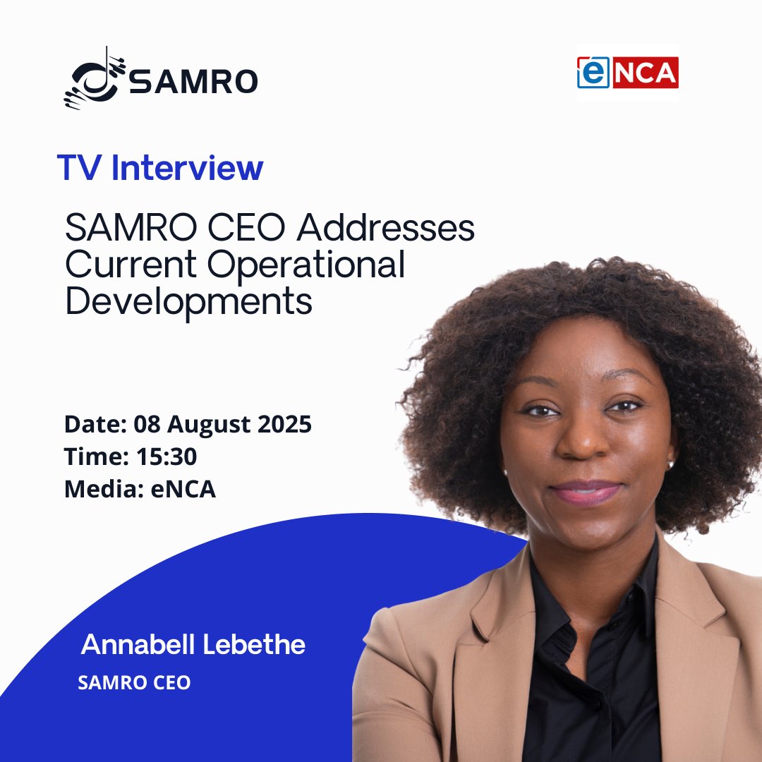 #TVInterview:

Join SAMRO CEO Annabell Lebethe for a discussion on the organisation’s current operational developments this afternoon at 15:30 on eNCA with anchor, Gareth Edwards.

Date: 08 August 2025
Time: 15:30
Media: eNCA

Tune in for more information.

#SAMRO #MusicRights