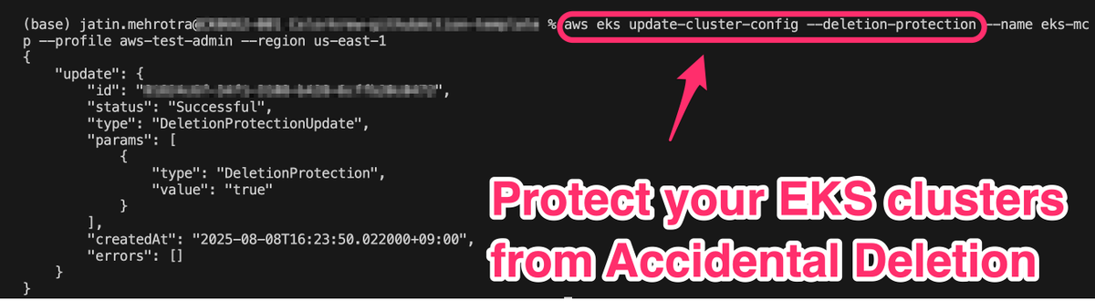 Jatin Mehrotra | DevOps & Cloud Infra (@imjatinmehrotra) on Twitter photo 2 Simple steps to protect your EKS cluster from accidental deletion.
- Update your aws cli
- aws eks update-cluster-config --deletion-protection --name <name-of-cluster> --profile <region> --region us-east-1
Available for existing and new clusters
<a href="/awsdevelopers/">AWS Developers</a> 👏 2 Simple steps to protect your EKS cluster from accidental deletion.
- Update your aws cli
- aws eks update-cluster-config --deletion-protection --name <name-of-cluster> --profile <region> --region us-east-1
Available for existing and new clusters
<a href="/awsdevelopers/">AWS Developers</a> 👏
