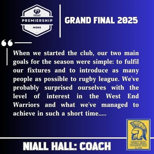 Scotland Rugby League ๐ด๓ ง๓ ข๓ ณ๓ ฃ๓ ด๓ ฟ (@scotlandrl) on Twitter photo Ahead of Saturday's season finale, West End Warriors Head Coach Niall Hall shares his thoughts:
Scotland Menโs Premiership Grand Final
West End Warriors v <a href="/edineaglesrl/">Edinburgh Eagles RL</a>
Saturday 9th August @ Penecuik RFC, EH26 8AU.
Kick off 2pm. Entry ยฃ5 adults Ahead of Saturday's season finale, West End Warriors Head Coach Niall Hall shares his thoughts:
Scotland Menโs Premiership Grand Final
West End Warriors v <a href="/edineaglesrl/">Edinburgh Eagles RL</a>
Saturday 9th August @ Penecuik RFC, EH26 8AU.
Kick off 2pm. Entry ยฃ5 adults