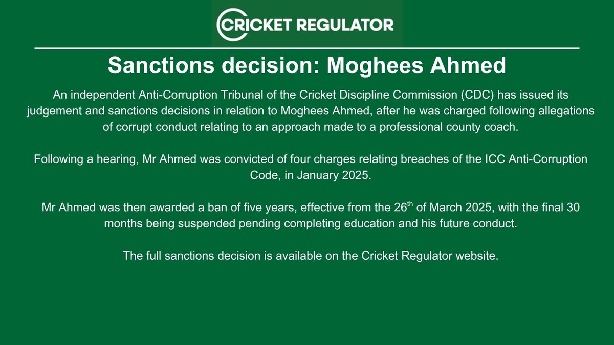 Sanctions decision - Moghees Ahmed

cricketregulator.co.uk/news/4336552