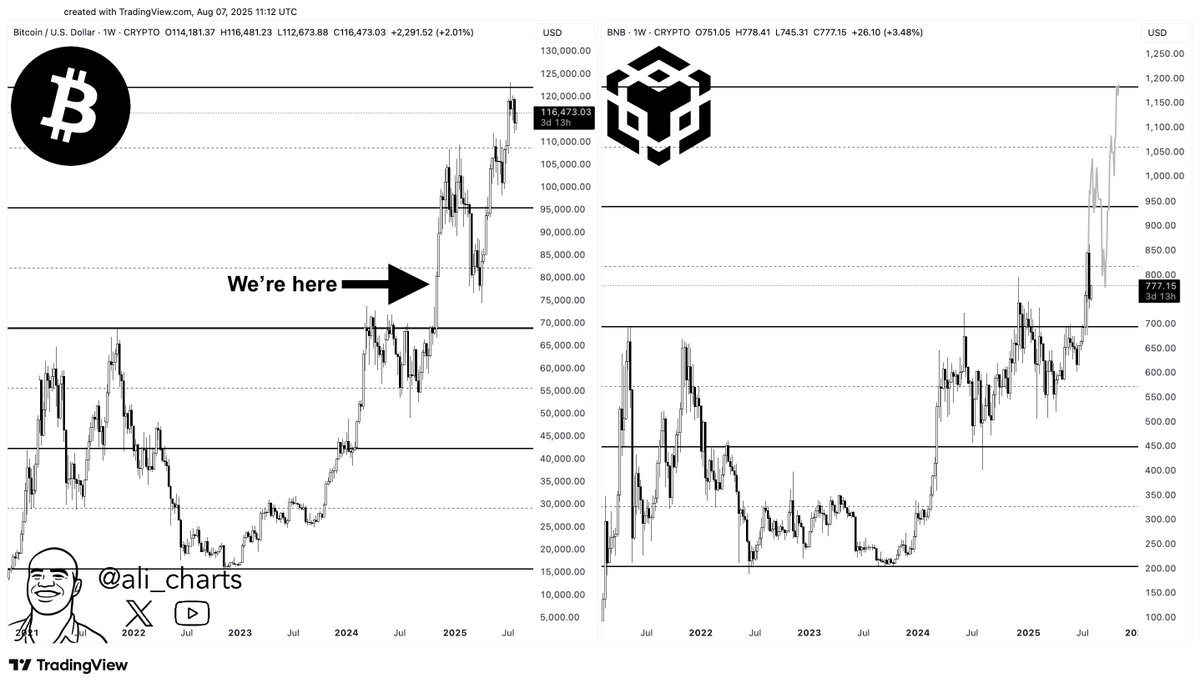 BNB is mirroring Bitcoin $BTC price structure and could be in the early  stages of a bull rally to $1,200!