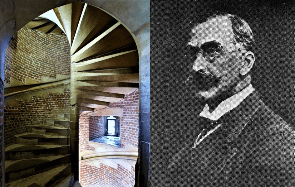 Left: castle spiral stair turning clockwise as it ascends; many believe it advantages right-handed defenders.

Right: art critic Theodore Cook, obsesseed w/ spirals, left-handedness &amp; fencing, who invented the story in 1902

Spiral stairs mythbusting blog:
…iskeleheritage.triskelepublishing.com/mediaeval-myth…