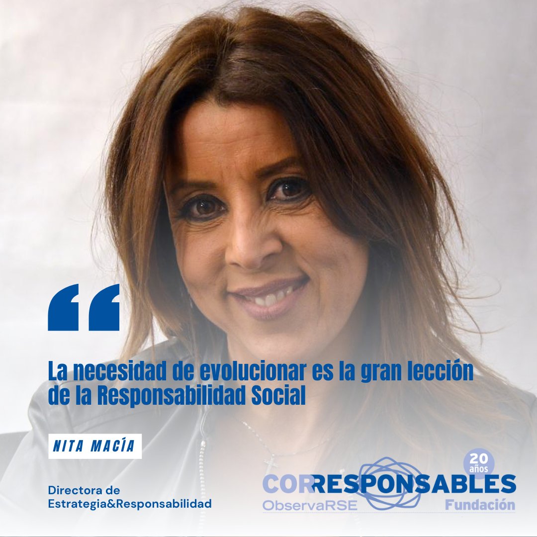 📌 “La necesidad de evolucionar es la gran lección de la Responsabilidad Social”

<a href="/nita_macia/">Nita Macía</a>, Dir. #Estrategia&amp;Responsabilidad, destaca cómo la RSE pasó de un enfoque voluntario a ser un proceso normativo y estructurado

👉 corresponsables.com/20aniversarioc…

#20AniversarioCorresponsables