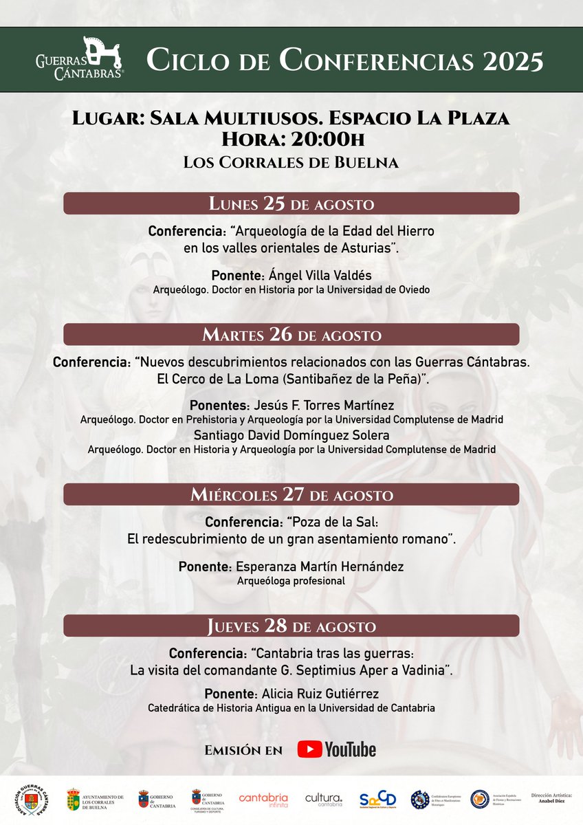 📅 CICLO DE CONFERENCIAS DE LA SEMANA CULTURAL GUERRAS CÁNTABRAS (AÑO XXIII – 2025)

Disfruta de un ciclo de conferencias con grandes expertos en arqueología e historia que nos acercarán a la Edad del Hierro.

Coordinan: @marcosmartinezjavier y @lino_mantecon