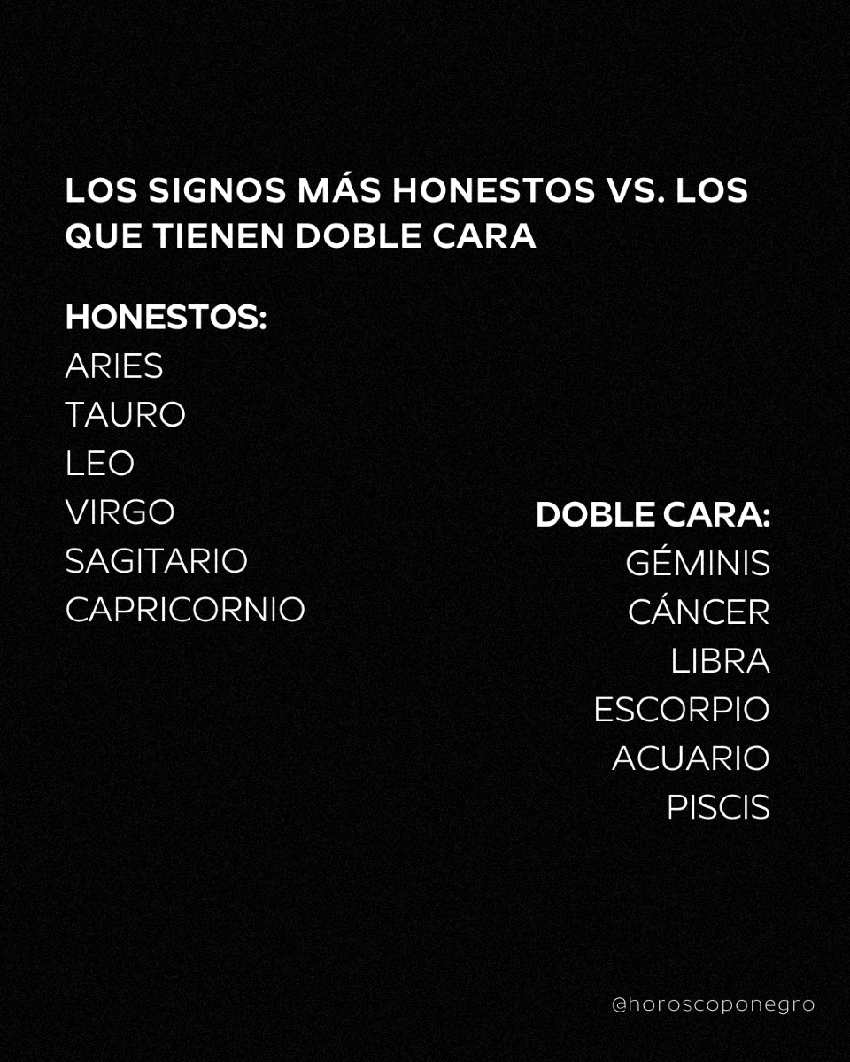 horoscoponegro's tweet photo. Los signos más honestos vs. los que tienen doble cara 🔮 https://t.co/PEmGvsczIr