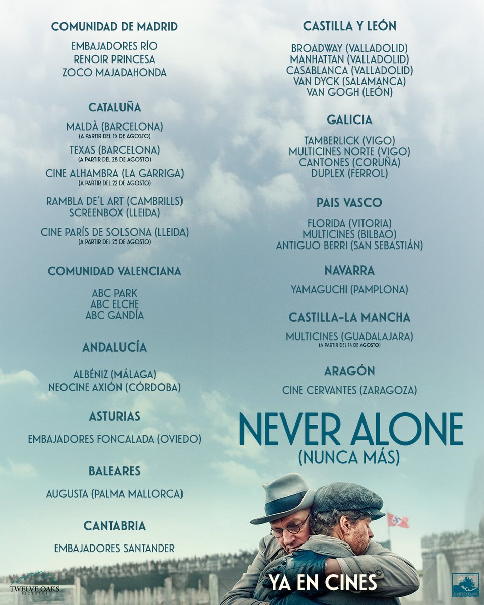 NEVER ALONE llega a los cines.

"Un filme de apabullante concisión"
CINEMANÍA

"Una película marcada por el dolor y el respeto a la memoria, con unas interpretaciones excelentes"
FOTOGRAMAS

"Un delicado drama histórico"
LA RAZÓN

Un estreno de la mano con <a href="/TwelveOaksPics/">Twelve Oaks Pictures</a>