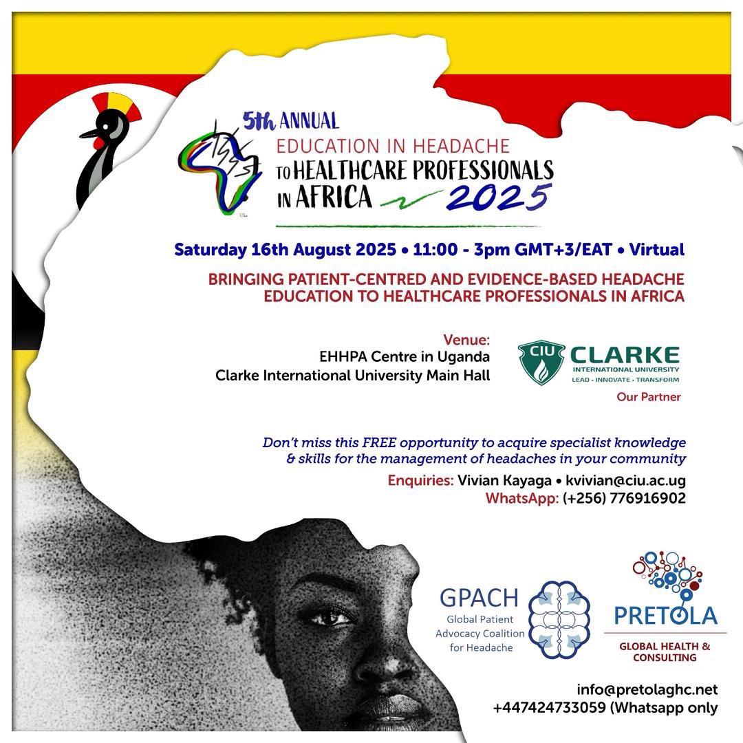 The 5th Annual Education in Headache for Healthcare Professionals in Africa 2025 will take place at Clarke International University's Main Hall on Saturday, August 16th, from 11:00 AM to 3:00 PM GMT+3/EAT. Don't miss this free opportunity to gain specialist knowledge in headache