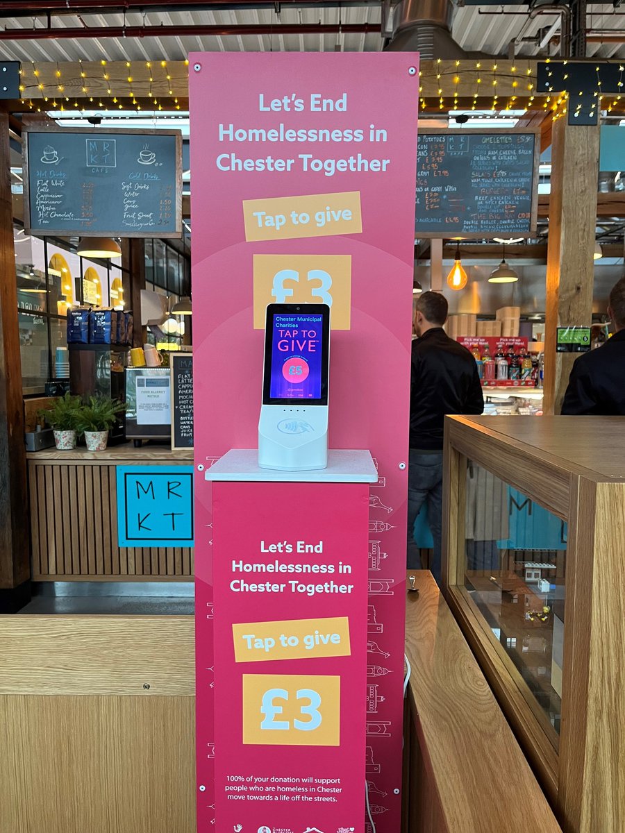 If you are out in Chester this week keep a beady eye open for the End Homelessness tap-to-donate points in: 📍 Grosvenor Shopping Centre (Opposite the entrance to Costa) 📷 New Chester Market (By MRKT Café) All proceeds raised go to charities in Chester supporting those