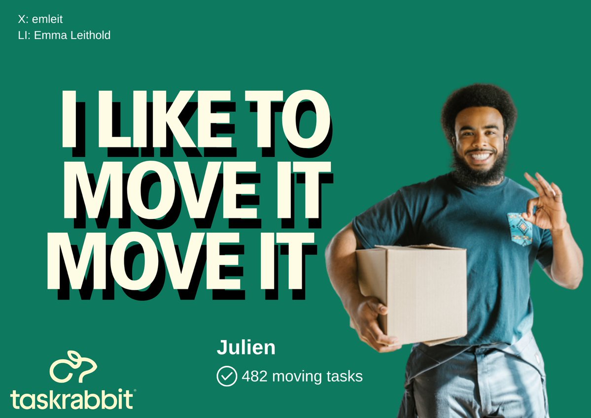 Emma Leeming Writes 💙 (@emleemingwrites) on Twitter photo One Minute Brief of the Day:
Create posters that bring to life famous song lyrics to promote the 'Moving/Painting/Cleaning/Mounting/Home Improvement' categories available on the <a href="/Taskrabbit/">Taskrabbit</a> platform. #TaskTunes🎶 One Minute Brief of the Day:
Create posters that bring to life famous song lyrics to promote the 'Moving/Painting/Cleaning/Mounting/Home Improvement' categories available on the <a href="/Taskrabbit/">Taskrabbit</a> platform. #TaskTunes🎶